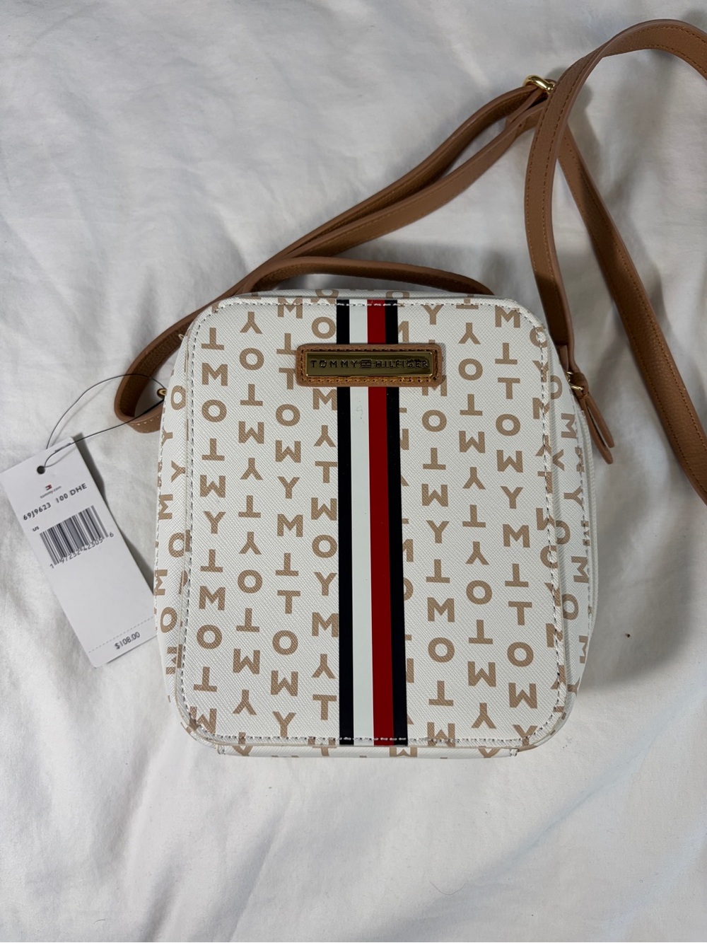 Tommy Hilfiger White & Tan Logo Crossbody with Red-Blue Stripe